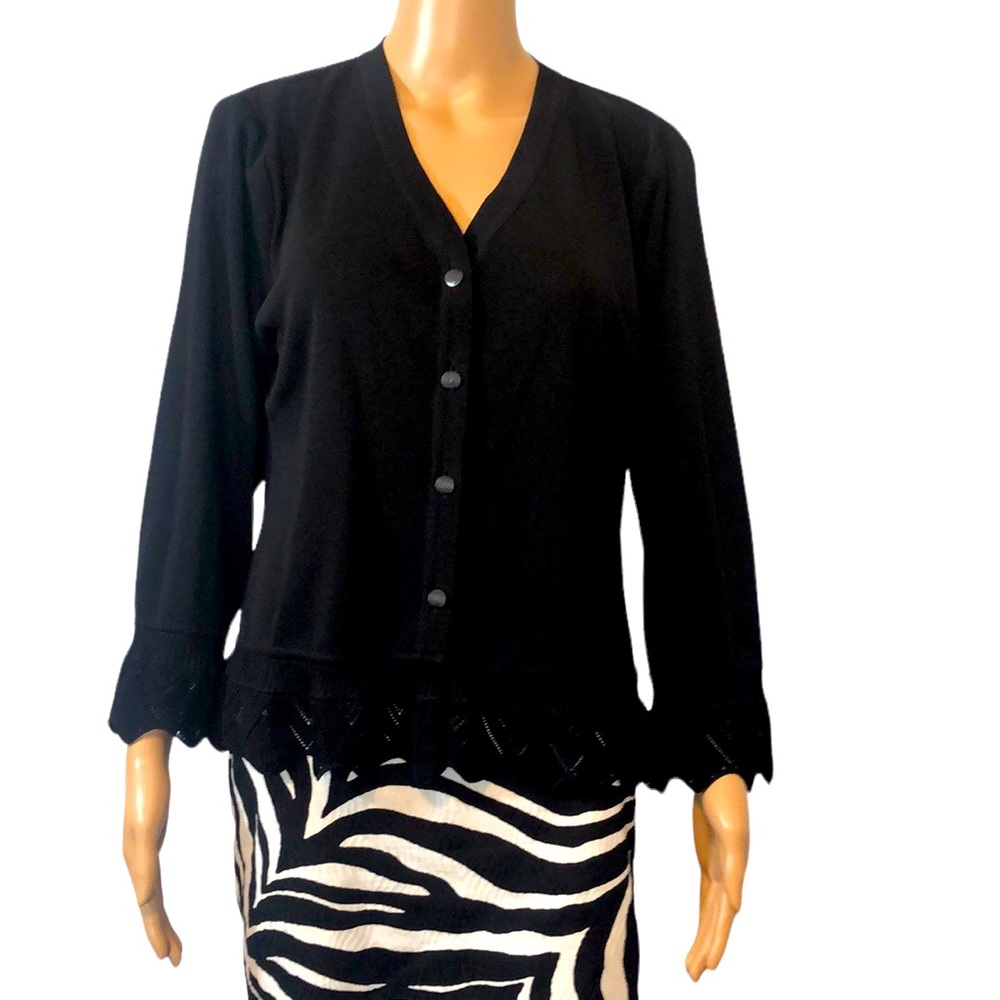 Misook black V-neck button down lace embellishment on sleeves and hemline.